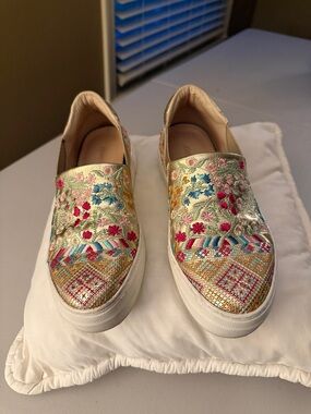 Johnny Was Gold Embroidered Slip-On Mules with Pink and Blue Accents